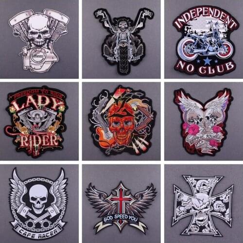 Punk Big Skull Motorcycle Iron On Embroidered Patches Stripes For Clothes Rock Biker Hippie Patches Applique Back Jacket Decor