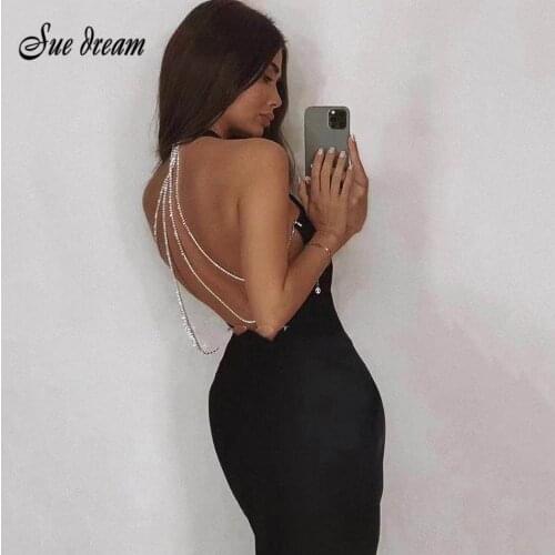 Sexy Diamond Chain Backless Bodycon Bandage Dress 2021 New Summer Womens Elegant Celebrity Club Party Dress Vestido