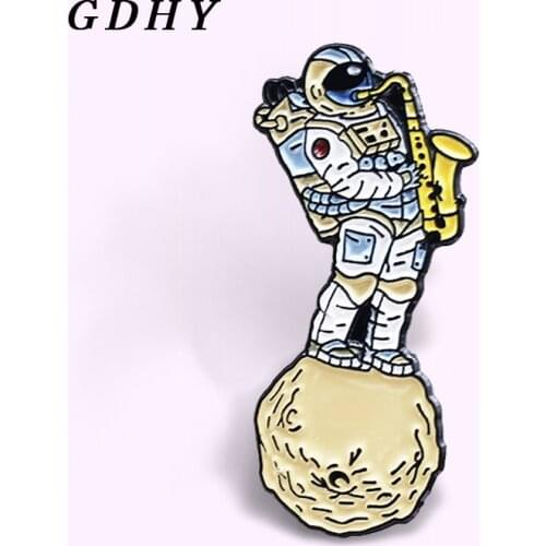 GDHY Astronaut Sax Space travel Enamel Pin brooches Astronaut Music Lapel pins Badge Fun Jewelry Gift Kids Friends Abzeichen