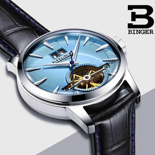 BINGER Brand Men Watch Automatic Mechanical Watch Tourbillon Sport Clock Leather Casual Business Retro Wristwatch Relojes Hombre