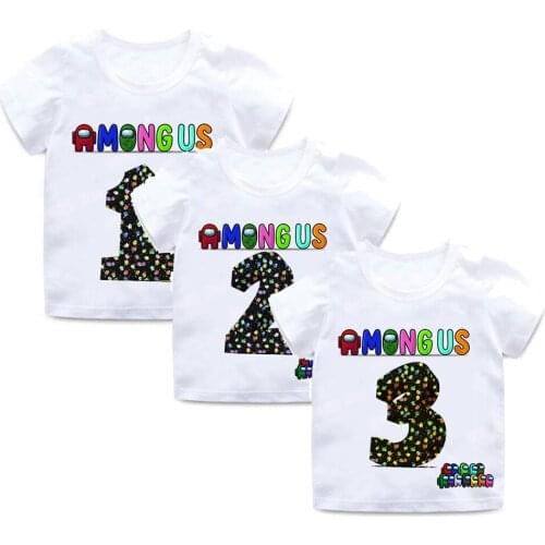 Kid Birthday Number T Shirt Cartoon Among of Us Tshirt Child Clothes Graphic Wolf Imposter Among Game T-shirts Children Clothing
