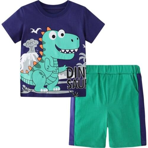 Jumping Meters Children Summer Suit Boys Shorts and T-shirt Pants Cute Dinosaur Lattice Cartoon Partern kids Cothes 2-7Years