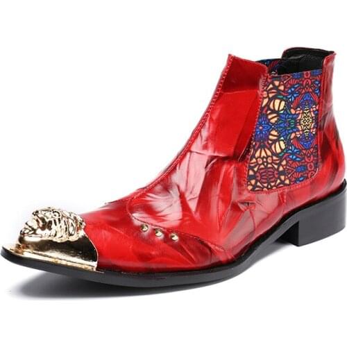 Designer Luxury Mens Red Ankle Boot Fashion Rhinestone Metal Pointed Toe High Suede Leather Shoes Zip Red Boot