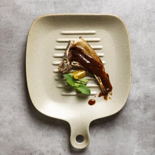 Ceramic bakeware household baked rice tray oven special baking tableware simple retro dinner plates with handle Japanese-style