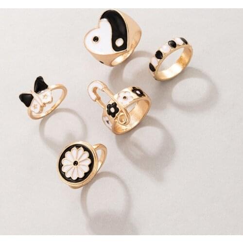 Tocona 5pcs/sets New Trendy Butterfly Tai Chi Ring Sets for Women Pretty Flowers Dripping Oil Heart Party Jewelry кольцо 19911