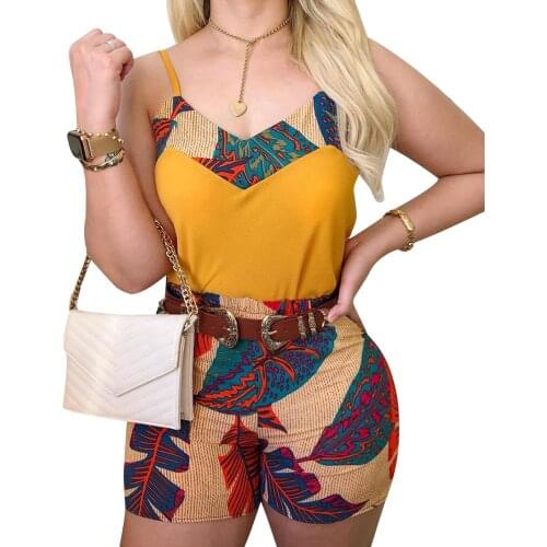 Womens Summer Printing Two-pieces Set, Sexy Sleeveless Top Tight Short Pants Suit