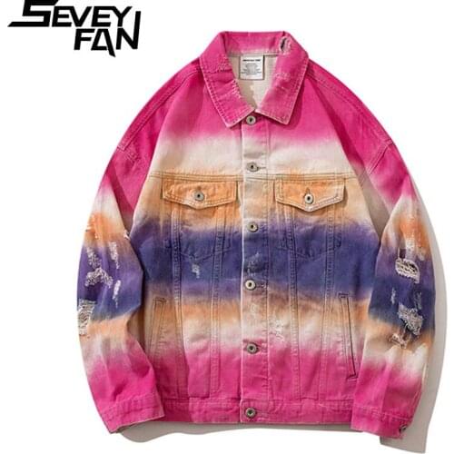 ABOORUN Mens Fashion Tie Dye Gradient Ripped Hole Denim Jacket Hip Hop Streetwear Oversize Coat for Male