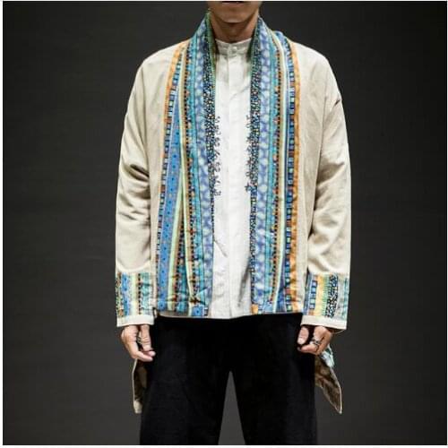 Male Harajuku Casual Jacket Mens Linen Windbreaker Kimono Outerwear Cardigan Shirt Japanese Streetwear Coat