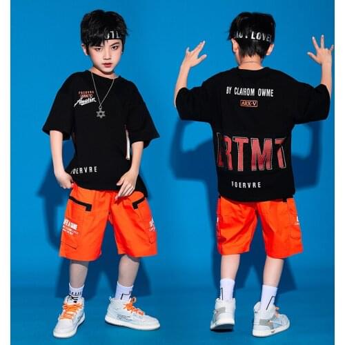2021 New Loose Hip Hop Dance Clothes For Kids Children Short Sleeved Shorts Hiphop Outfits Jazz Performance Rave Clothes DQS7179