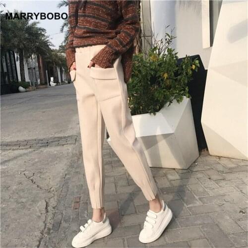 2019 Autumn New Women Elastic Woolen Pant Female Casual Solid Harajuku Harem Trousers Korean Lady Pencil Pants