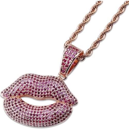 OMYFUN Factory Price Women Red Lip Charm Hip Hop Pendant Necklace 3A Red CZ Iced Pave Joyeria Bijoux Party Jewelry Dropshipping