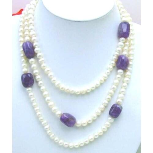 Qingmos White Natural 6-7mm Pearl 60" Necklace for Women with Natural Baroque Purple Amethyst Gem Stone Fine Jewelry-5268