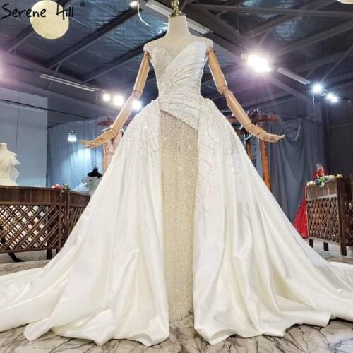 Ivory Detachable Train Mermaid Elegant Wedding Gowns 2020 Satin Sleeveless Beading Luxury Bridal Gowns BHX0315 Couture Dress