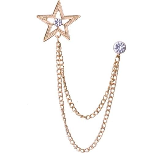 Luxury Korean Rhinestone Star Brooch Tassel Chain Lapel Pin and Brooches Suit Badge Corsage for Men Jewelry Accessories Gift