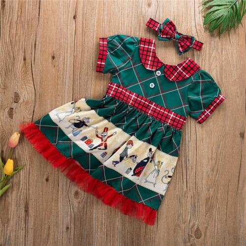 Christmas Toddler Baby Kid Girl clothes Button Bandage turn-down collar short sleeve Party Dresses bow plaid Headband 2pc outfit