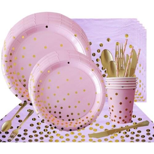 Pink Gold Dot Baby Girl Party Disposable Tableware paper Cup Plate 1st Birthday Party Decor Kids Baby Shower Party Supplies