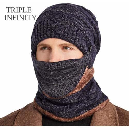 TRIPLE INFINITY Warm Winter Hat Beanies Mens Hat Scarf Thick Breathable Windproof Male Knitted Hat Ear Protection Cycling Caps