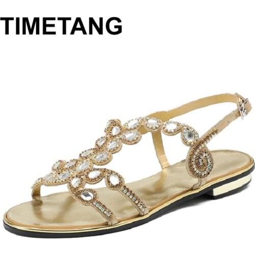 TIMETANG2019Summer Rhinestone Elegant Big Size Diamond Belt Buckles Casual Shoes Gold Silver Black Thick Heel SandalsE1087