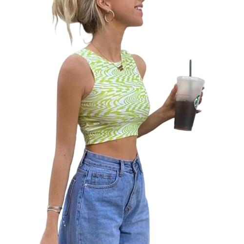 Womens Stretch Tank Tops, Cute Geometric Print Sleeveless Crew Neck Slim Fit Crop Tops