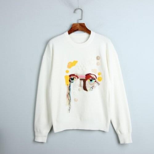 2020 Autumn Sweater Free Shipping Crew Neck Long Sleeve Kint Embroidery Black White Fashion Womens Clothes S m L dl
