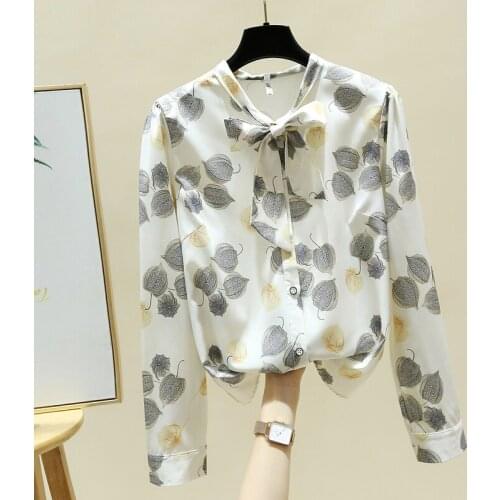 Long Sleeve Bow V-Neck Print Chiffon Blouse Shirt Women Tops Blouse Women Blusas Mujer De Moda 2021 Women Clothing Blusa E64