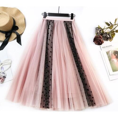 Casual Pleated Skirt Women Elastic High Waist Tulle Skirt Sweet Pink Lace Mesh female skirts 2019 jupe femme summer skirt