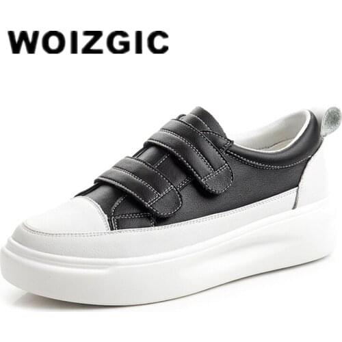 DONGNANFENG Womens Female Girl Woman White Shoes Flats Platform Genuine Leather Vulcanized Shoes Hook Loop Korean Casual ML-837