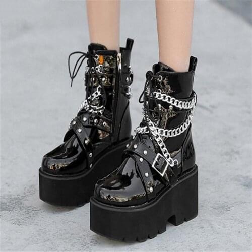 Side zipper chain Women Boots Square Heel demonia boots platform shoes goth Band Thigh High Shoes Black Spring winter boots
