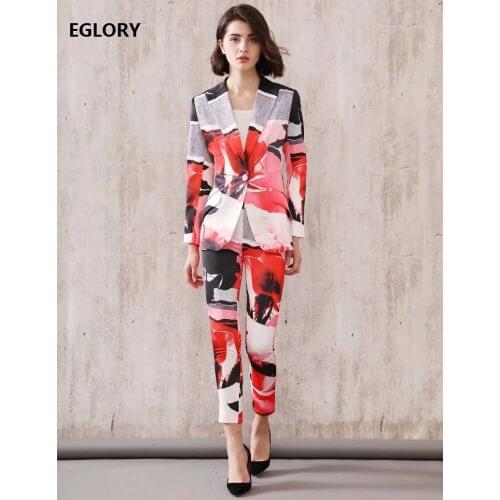 High Quality Blazer Sets 2020 Spring Pant Suit Women Rose Flower Print Single Button Blazer Jacket+Ankle Length Pants Set Female