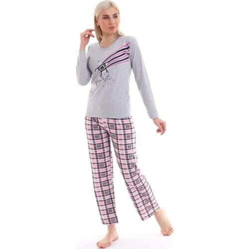 Women Solid Gray Star Pink Plaid Square Pajamas set