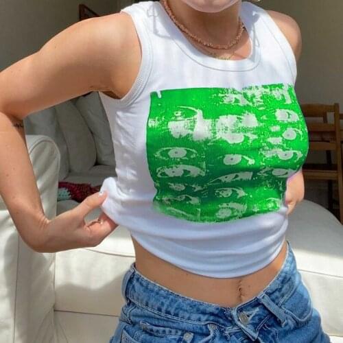 Y2k Floral Print Tank Top Women 2021 Summer Sleeveless Vintage Green Crop Top Fashion Casual Off Shoulder Cute Sexy Tank Tops