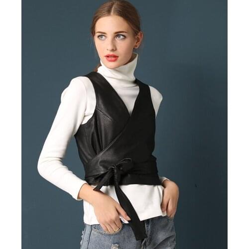 Elegant Office Lady Real Leather Vest 2020 New Casual Sheepskin Sleeveless Jacket Streetwear Lace Up Short Waistcoat Female S-XL
