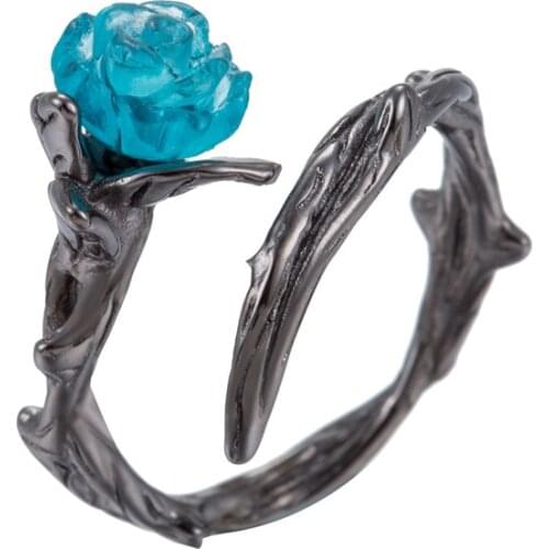 Oly2u Black Flower Rings For Women Crystal Blue Rose Jewelry Rings Accessories Aneis Feminino Ring