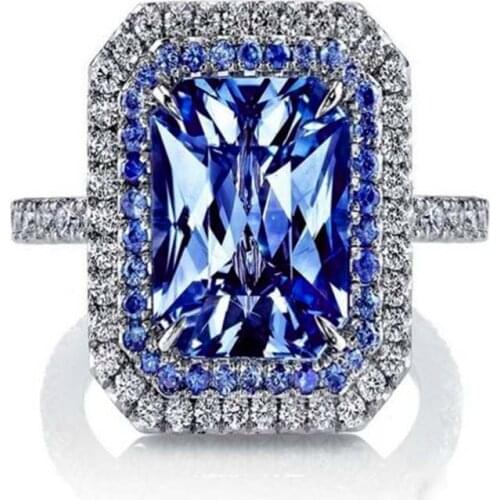 Luxury Female Blue Square Crystal Jewelry Trendy Silver Color Engagement Rings For Women Charm Wedding Band Valentines Day Gifts
