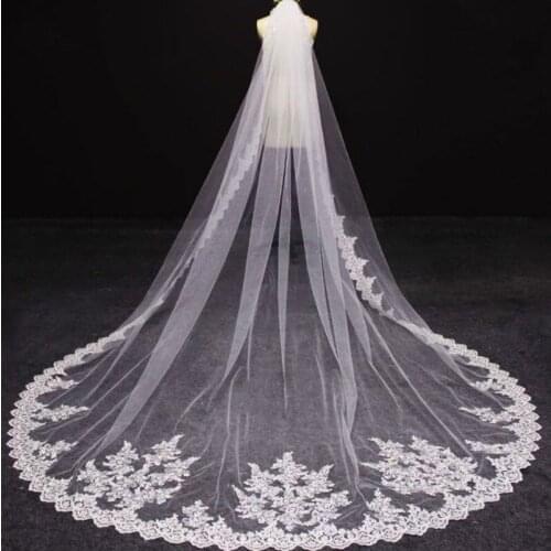 2020 Luxury Wedding Veils Cathedral Length One Layer Lace Appliqued Edge Tulle Bridal Veils For Women Hair Accessories