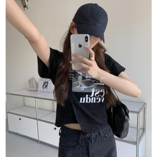 T-shirt Design Sense Printing Black Short-sleeved T-shirt Women Summer New Korean Style Slim Slim Short Top