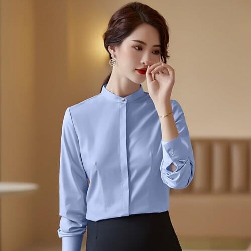IZICFLY Autumn Spring New Blue Women Tops And Bloues Long Sleeve Fashion Stand Office Business Korean Style Shirt Plus Size