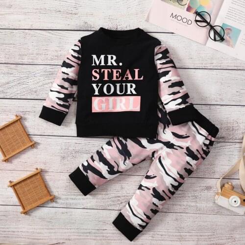 FOCUSNORM 0-24M Autumn Baby Girls Camouflage Clothes Sets 2pcs Letter Printed Long Sleeve Sweatshirt Tops Pants