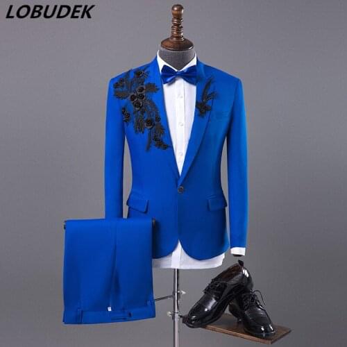 Adult costume Male slim suits Banquet host stage performance suit Fashion blue mens blazers sets singer Dancer prom show dress