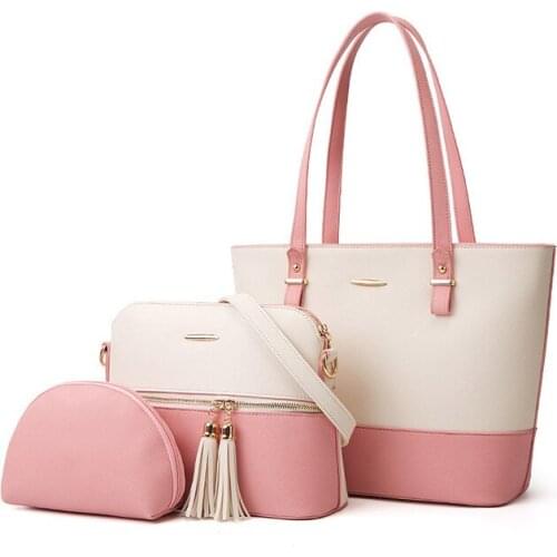 Fashion PU Leather Lady Three Piece Mommy Bag Two Color Mix Crossbody Tassel Zipper Women 3/PC Set Handbag