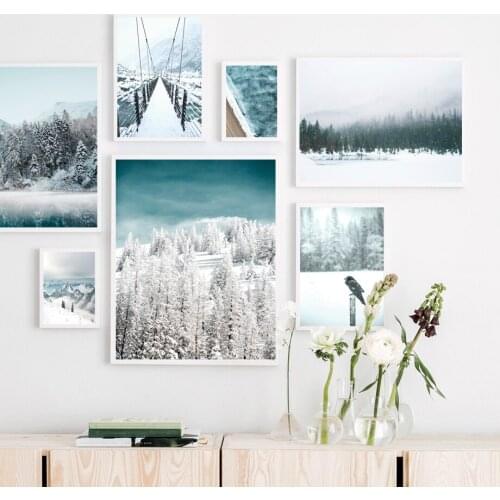 Winter Snow Forest Birch Bird Lake Bridge Wall Art Canvas Painting Nordic Posters and Prints Living Room Decoration Wall Picture