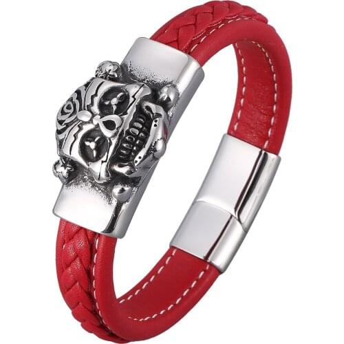 New Punk Demon Ornament Red Leather Bracelets For Men Cuff Bangle Wristband Jewelry Gifts BB0891