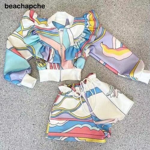 Beachapche 2021 New Women Set Long Sleeve Single Jacket And Short Elegant Print Two-piece Set