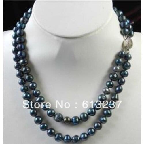 Hot free Shipping new Fashion Style diy 9-9.5MM Black Freshwater Cultured Pearls 2Row Necklace 17-18'' MY5205