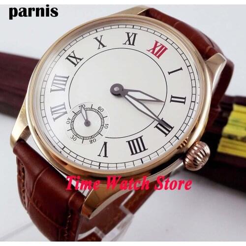Parnis 44mm white dial Roman Numerals luminous hands golden case 6498 hand winding movement Mens watch 173