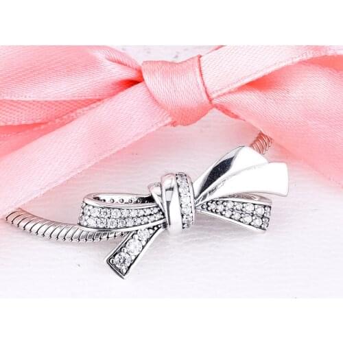 Fits For Pandora Charms Bracelets Brilliant Bow Beads with Clear CZ 100% 925 Sterling-Silver-Jewelry Free Shipping