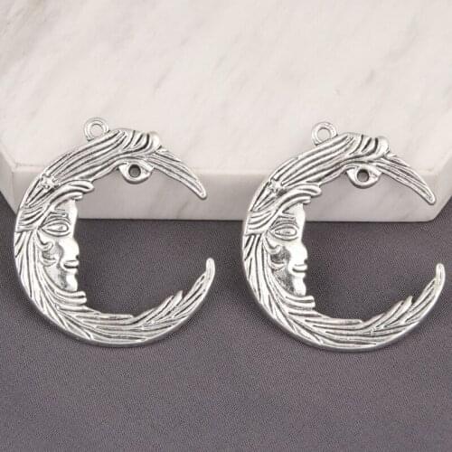 3pcs Silver Color Moon With Face Charms Natural Connector Pendant For DIY Handmade Jewelry Making Accessorie 33x39mm