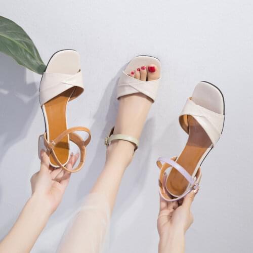 Summer Women Ankle Buckle Sandals Ladies Square Toe Thick Heels 2021 Leather Female Fashion Elegant Party Solid Sandal Plus Size