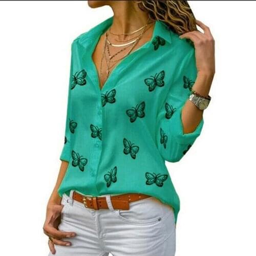 2021 Spring Autumn Turn Down Collar Long Sleeve Chiffon Butterfly Printed Blouse Shirts Casual OL Blusas Tops Plus Size S-5XL
