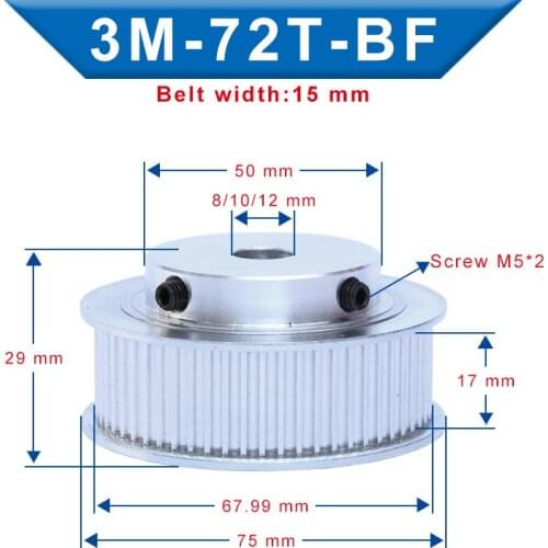Timing Pulley 3M72T Inner Bore 8/10/12 mm Aluminum Belt Pulley Slot Width 17mm Match with 3M-round polyurethane belt Width 15mm